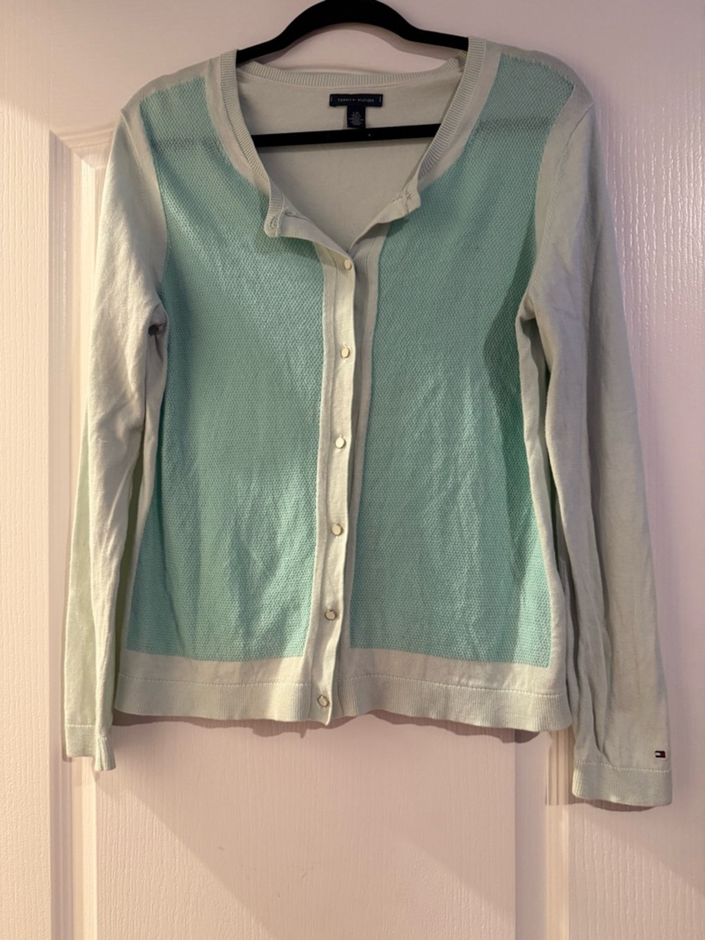 Vintage Tommy Hilfiger Mint Green Off White Cardigan Sweater L Preppy Button Up